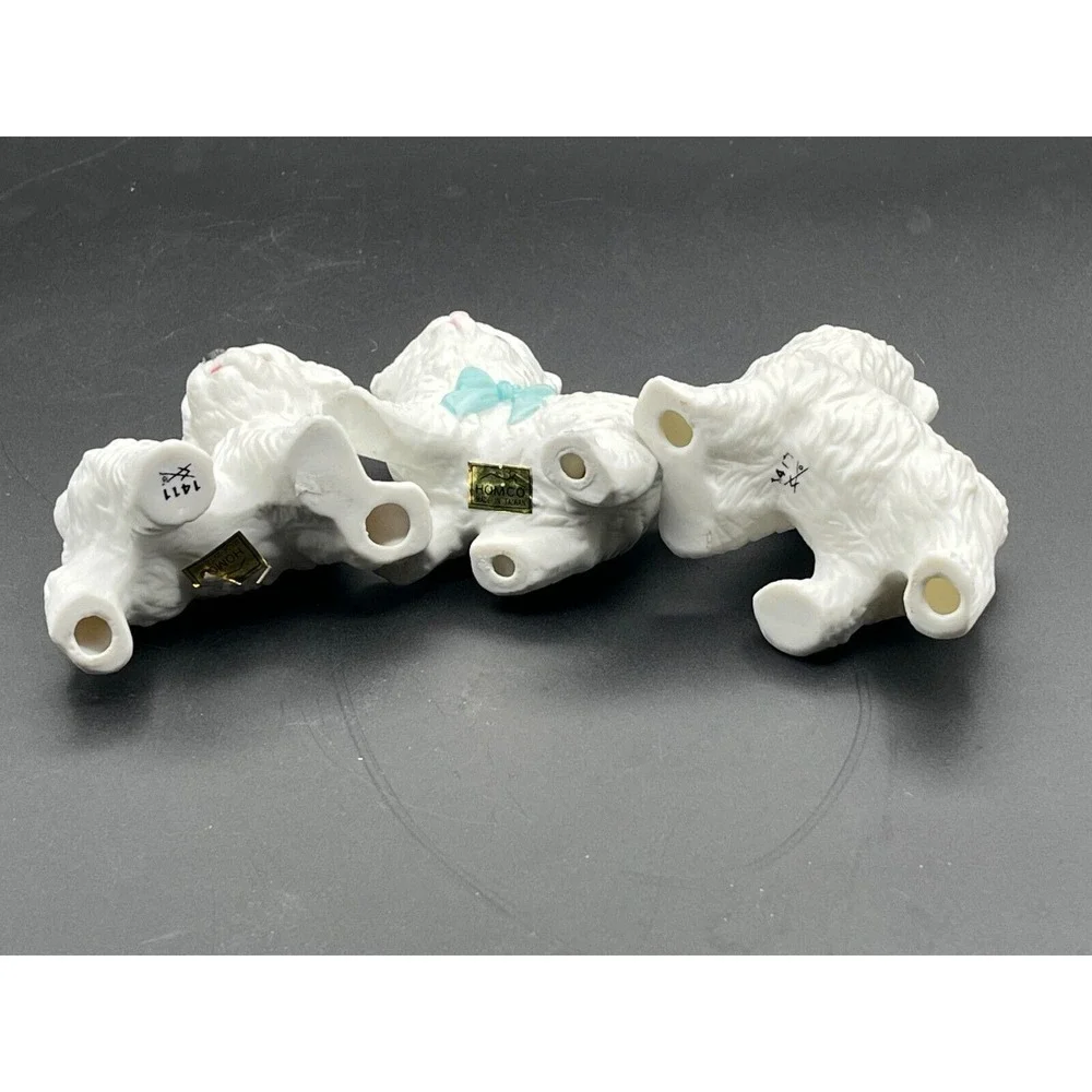 Vintage Homco White Persian Kitten Cat + Dog Figurines Blue Bows Vintage Qty 3